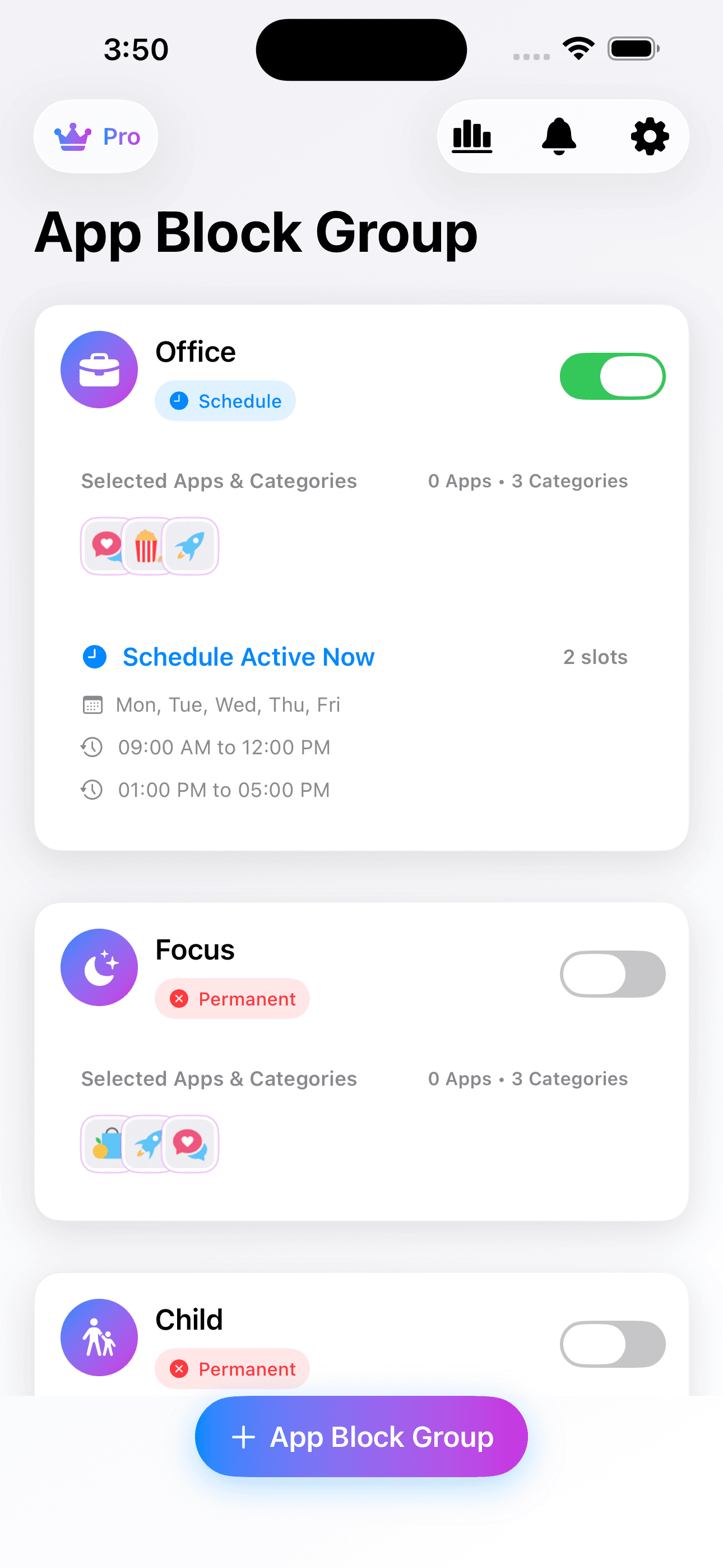 Go Out ScreenTime app block group overview screen.