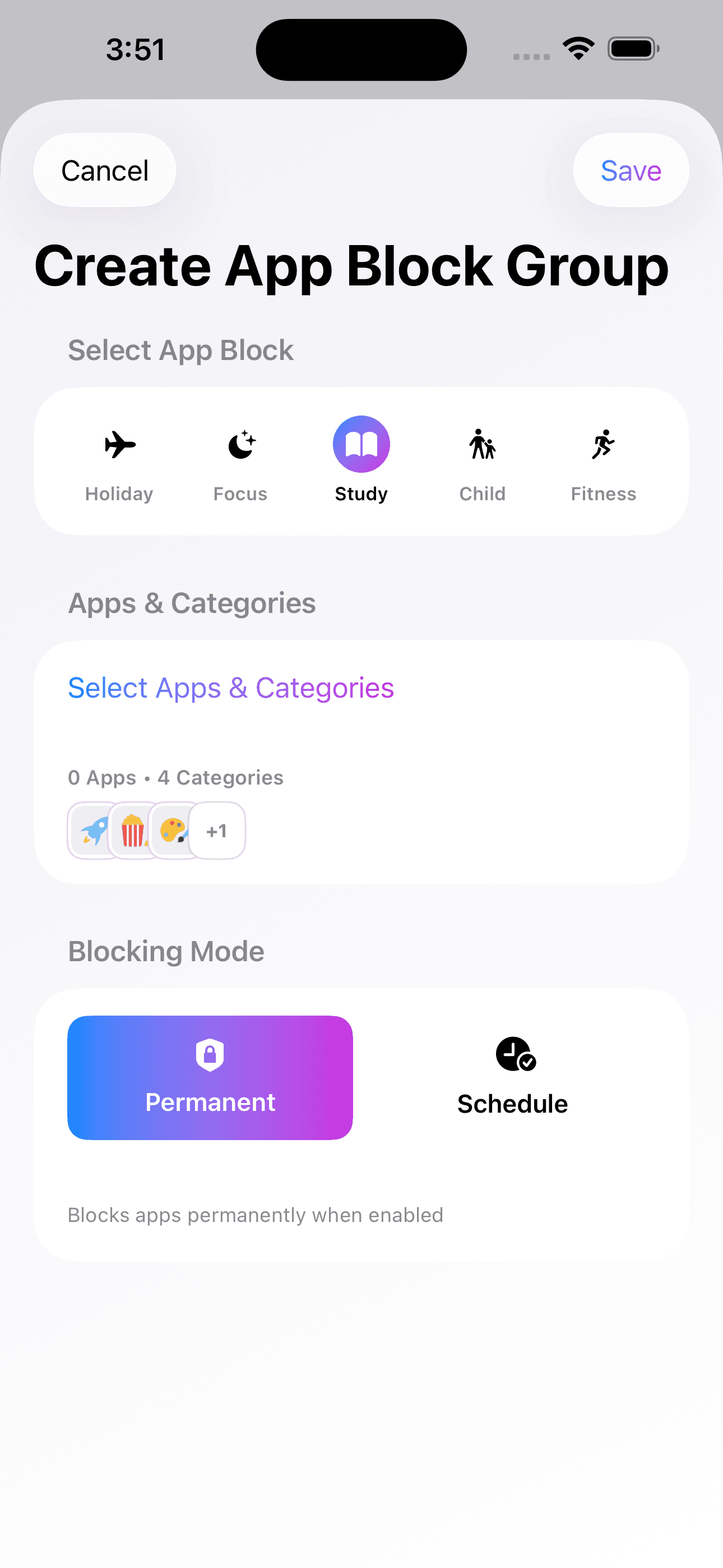 Go Out ScreenTime screen for creating a new app block group with blocking modes.